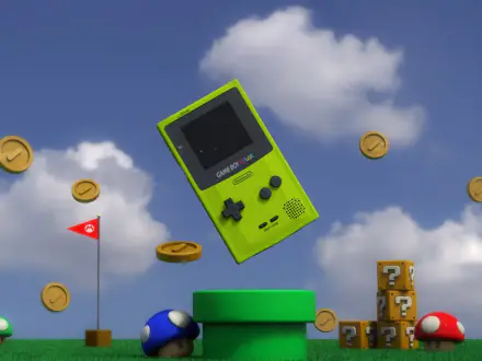 Game Boy Color en 3D sobre un escenario de Super Mario